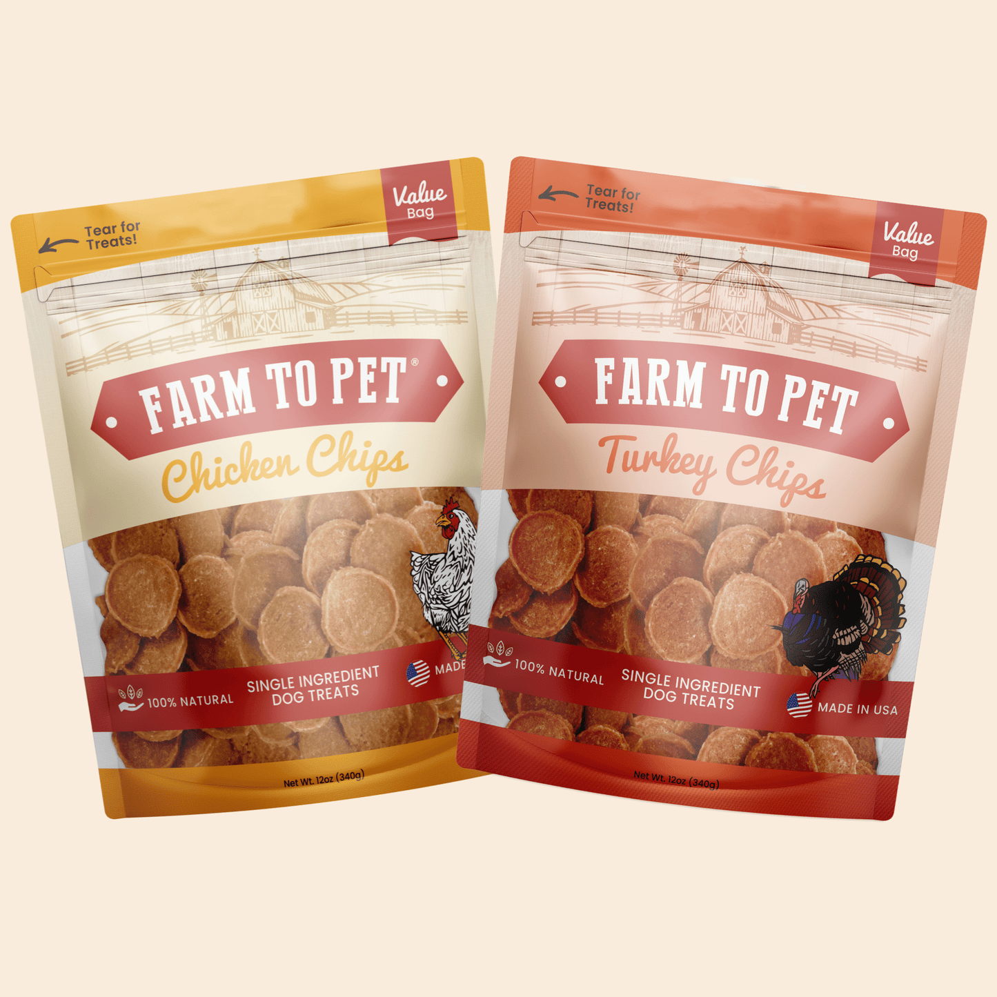 Farm to Pet - Turkey & Chicken Chip Dog Treat Duo | Single-Ingredient Poultry Treats for Dogs