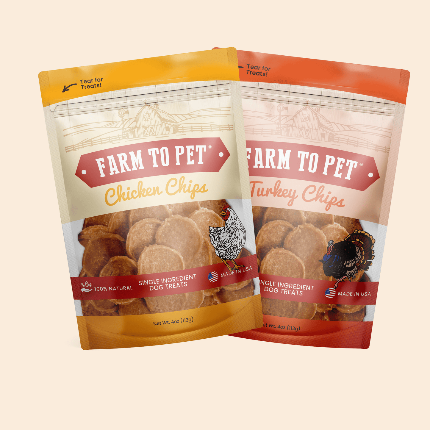 Farm to Pet - Turkey & Chicken Chip Dog Treat Duo | Single-Ingredient Poultry Treats for Dogs