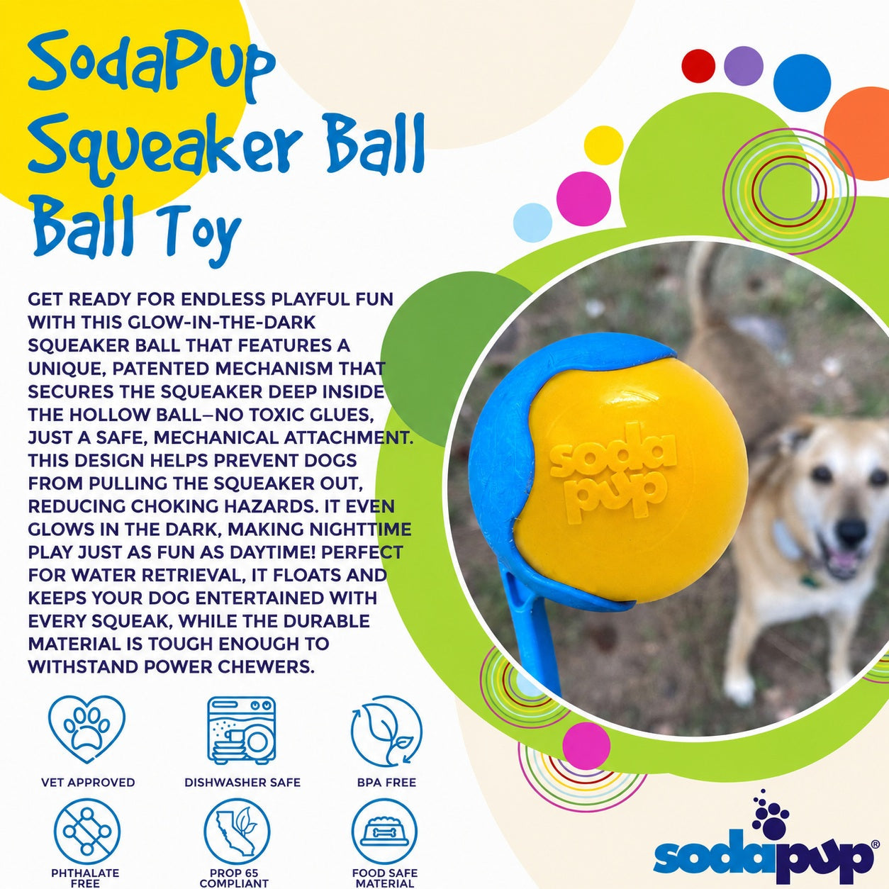 SodaPup Squeak Ball - Durable Squeaky Dog Toy, Floats, Chew Toy | USA Made