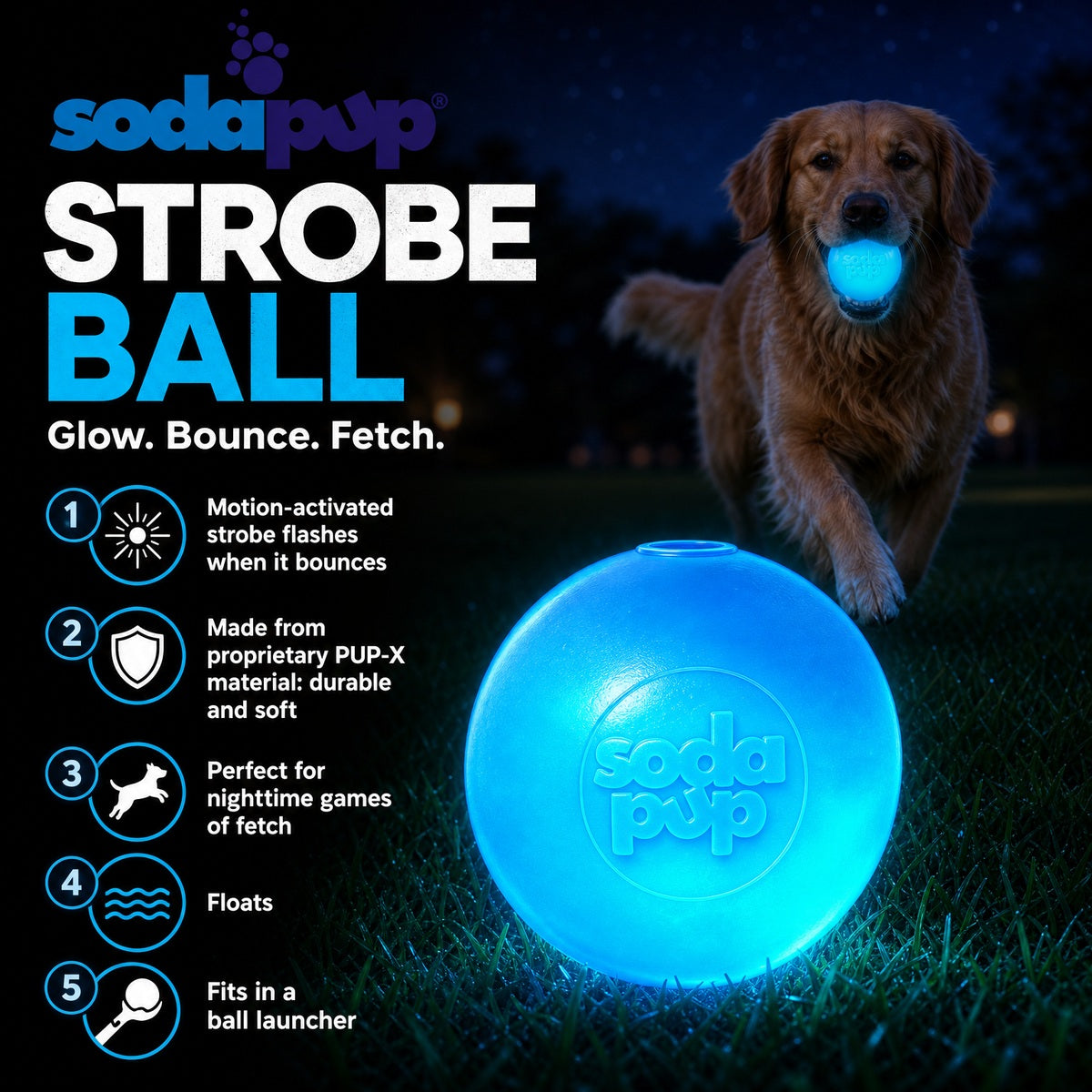 SodaPup Strobe Ball Light-Up Dog Toy - Durable Floating Chew Ball | Made in USA