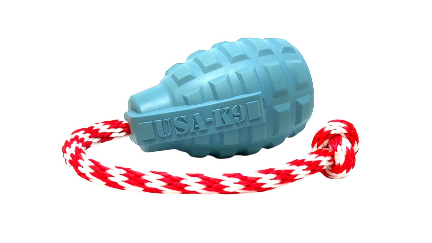 USA-K9 Grenade Shaped Rubber Dog Toy - Chew, Treat Dispenser & Tug Toy | USA